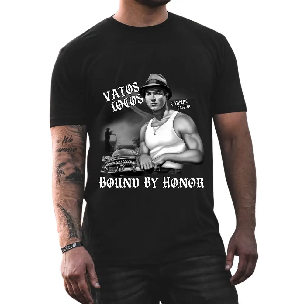 Vatos Locos Bound By Honor - Unisex T-Shirt Hoodie Sweatshirt Oversized Outfits Casual, Chicanos Clothing, Cholo Clothes Mexican Style, Fashion, Gift For Men and Women, Full Size, Outdoor, Lowrider, StreetStyle,  Cotton Streetwear