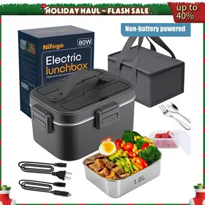 Nifogo 1.5/1.8L Electric Food Warmer Lunch Box 110V/12V/24V Car/Home Compatible Leak-Proof with Tableware & Lunch Bag Non-battery Powered