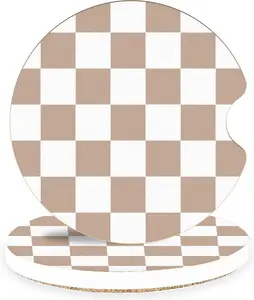 Brown Checkerboard Ceramic  Coasters  Absorbent  Cup Holder Coaster Set for Aesthetic  Interior, Retro Neutral  Accessories, 2 Pack