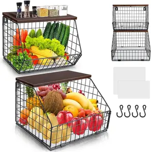 2pcs Fruit Basket Onion Storage Wire Baskets with Wood Lid, Stackable Wall-Mounted & Countertop Tiered Kitchen Counter Organizer for Snack, Fruit and Vegetable Storage