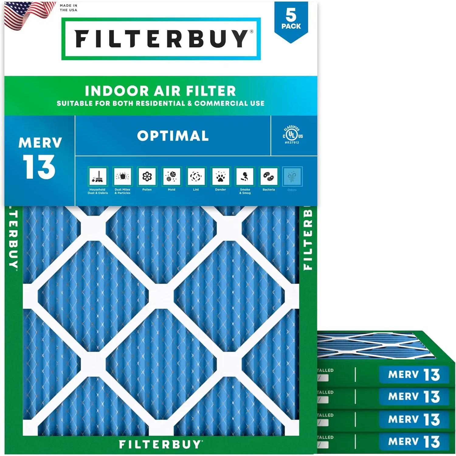 Filterbuy 30x36x1 Eco-Friendly HVAC AC Furnace Air Filter (5-Pack Value), Electrostatically Charged Pleated MERV 13 Optimal Defense Filter, Endures 200°F Temperatures, Withstands Moisture (Actual Size: 29.81x35.81x0.75 in)
