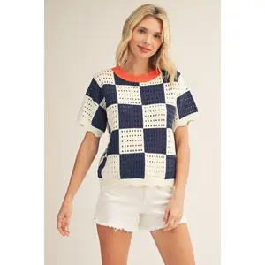 Jodifl Wavy Trim Short Sleeve Checkerboard Sweater