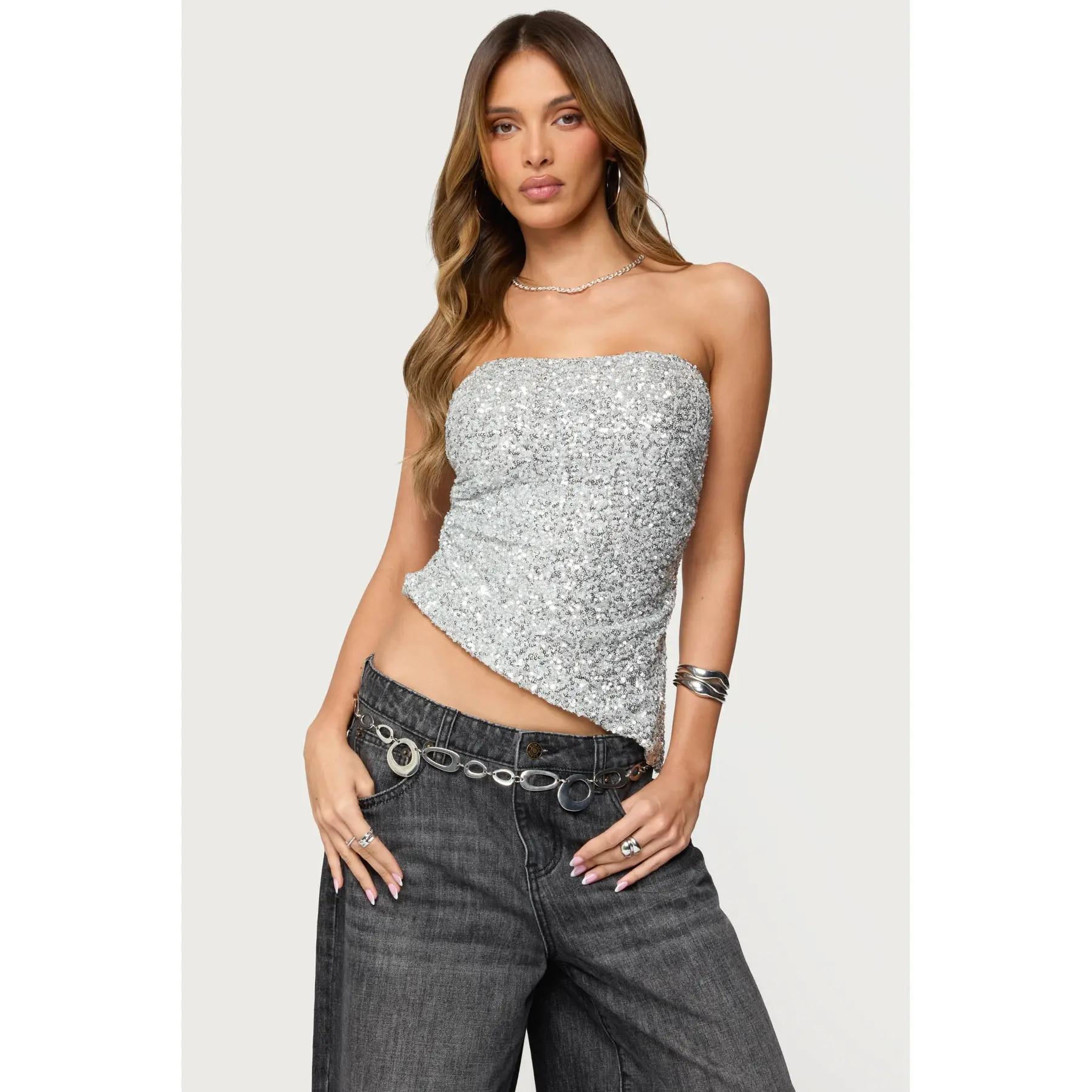 Sequin Asymmetric Slit Strapless Top