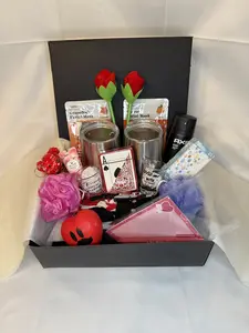 Valentine’s Gift for Two - Box with Wine Glasses Self Care Items Candles Cards and More for a Relaxing Evening