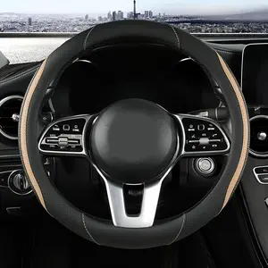 Steering Wheel Cover, Leather Steering Wheel Cover Beige Universal 14.5-15 Inch Microfiber Leather Anti-Slip Breathable Auto Steering Wheel Covers for Men Women (Black&Beige)