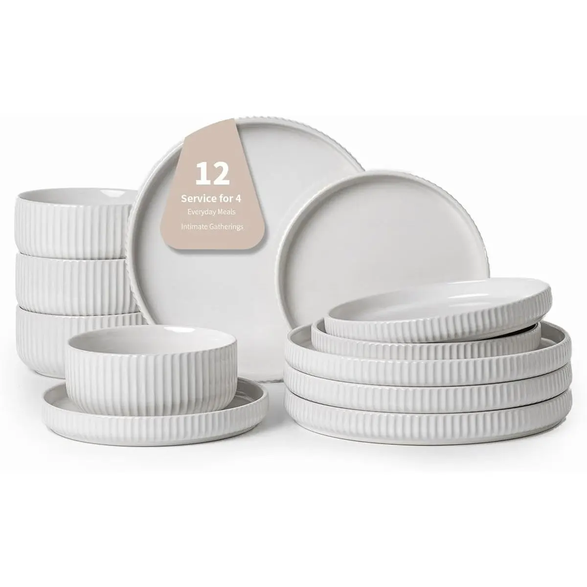 Dinnerware Sets for 4, 12-Piece High-Gloss White Dish Set, Modern Stoneware Plates and Bowls, Scratch-Resistant & Microwave Safe – Effortless Elegance for Hosting & Daily Indulgence Tableware Dining Set