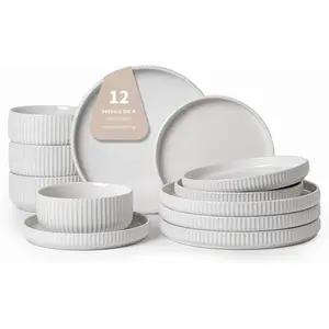 THE WELL KEPT Dinnerware Sets for 4, 12-Piece High-Gloss White Dish Set, Modern Stoneware Plates and Bowls, Scratch-Resistant & Microwave Safe – Effortless Elegance for Hosting & Daily Indulgence