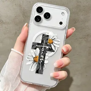 Psalm 23:3 Verse Floral Cross MagSafe Phone Case for iPhone 17,16,15 Pro Max,14 Plus,13,12,11 Air - Transparent Acrylic Hard Cover, Anti-Skid, Crash-Proof, Durable, Shockproof Drop Protection, Christian Faith Gift, Rustic Silicone Cute, TMCX260518024
