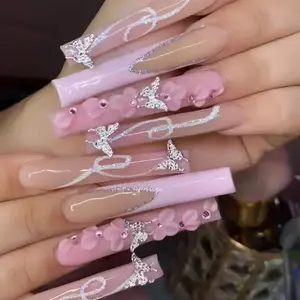 24Pc Long Ballet False Nails Pink Butterfly with Rhinestones French Design