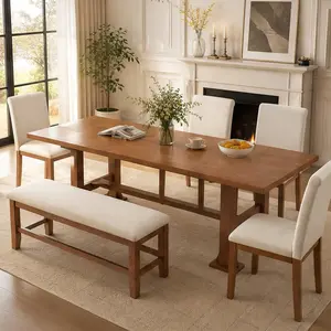 ARCH Farmhouse 6-Piece Dining Table Set Extendable 58-76in Trestle Kitchen Table with 18in Removable Leaf Upholstered Chairs and Bench for Dining Room, Rubberwood Brown+Ivory Seats 6, Brown+Ivory Color Options, Rubber Wood Material
