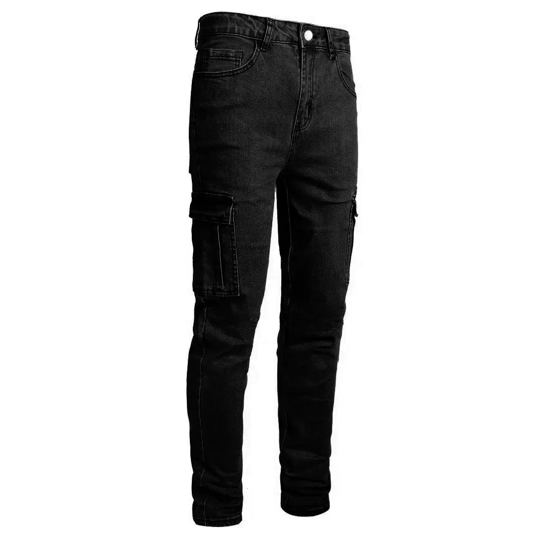 Men's Multi-Pocket Slim-Fit Stretch Rayon Denim Trousers - Outdoor Work Wear with Flex Waist, Stitched Hem, Button Closure, Streetwear Style, Natural Fabric
