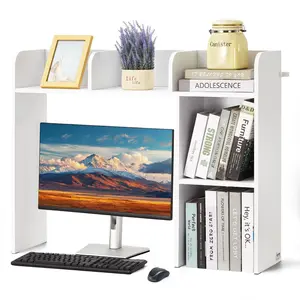 VEVOR Desktop Bookshelf, 2-Tier Desktop Storage Organizer, 37.2" x 9.5" x 28.9" Office Storage Rack Wood Display Shelf, Desktop Bookshelf Hutch with Anti-Slip Feet Pads, for Office, Home & Dorm, White