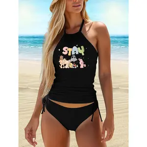 2-Piece Halter Tank Bikini Swimsuit - SKZ-Themed SK Zoo Cartoon Character Design, Ideal for Festive Parties, Elegant Beach Outings, Halter Tops