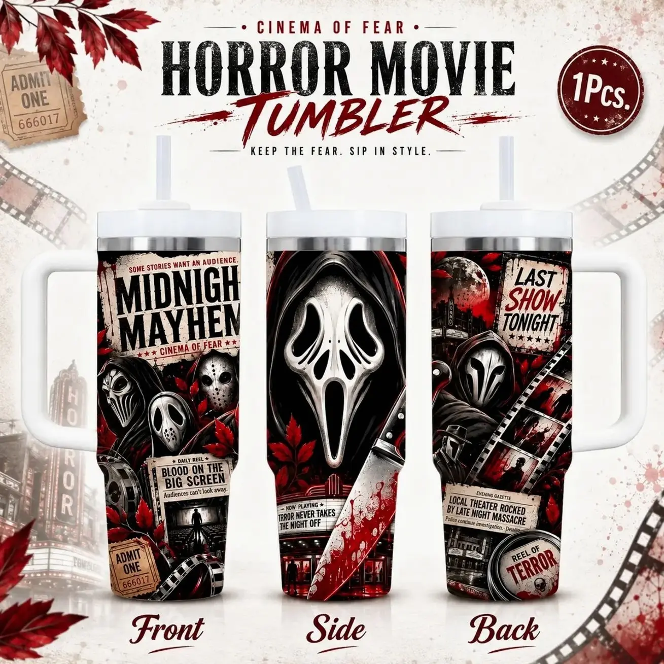 Ghostface Scream Horror Movie Collage Vacuum Flasks 40oz Stainless Steel Vacuum Insulated Tumbler with Handle & Straw | Long-Lasting Cold & Heat Retention, Leak-Resistant | For Iced Coffee, Water, Office, Gym & Travel