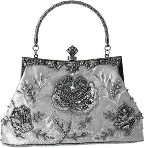 Womens  Floral Beaded Rhinestone Embroidery Clutch Sequin Crossbody Bag Evening Handbag for Bril Wedding Party Prom