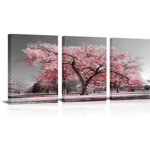 Framed Visual Art Decor Pink Tree Canvas Wall Art Pink and Grey Room Decor Cherry Blossom Wall Art Modern Art Framed Ready to Hang Living Room Wall Decor 12x16inchx3 Piece