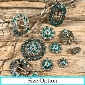 Antique Silver Teal, AB Crystal Conchos - Sizes from 1"- 3" and Buckles
