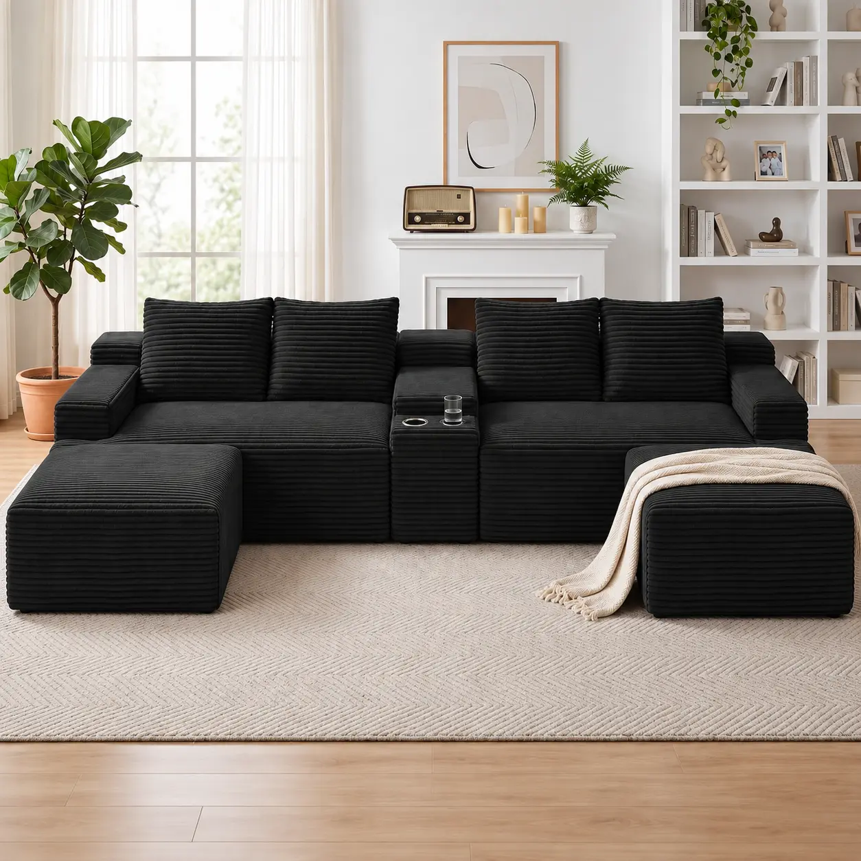 Oversized Black Corduroy L-Shaped Modular Sectional Sofa Set with Ottoman, Side Cup Slots, Deep Seat, Convertible Modular Block Fit, Free Comb. - Sturdy Modern Minimalist Indoor Sofas for Big Families, Rental House Living Room Furniture