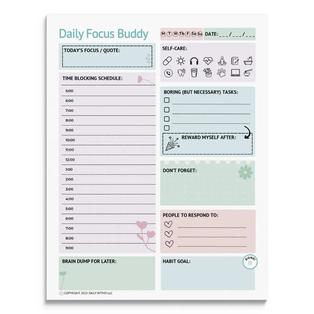 DAILY RITMO® Large ADHD To Do List Notepad for Women Daily Focus Buddy | 8.5x11" 50 Sheet US Letter Size | Made in USA