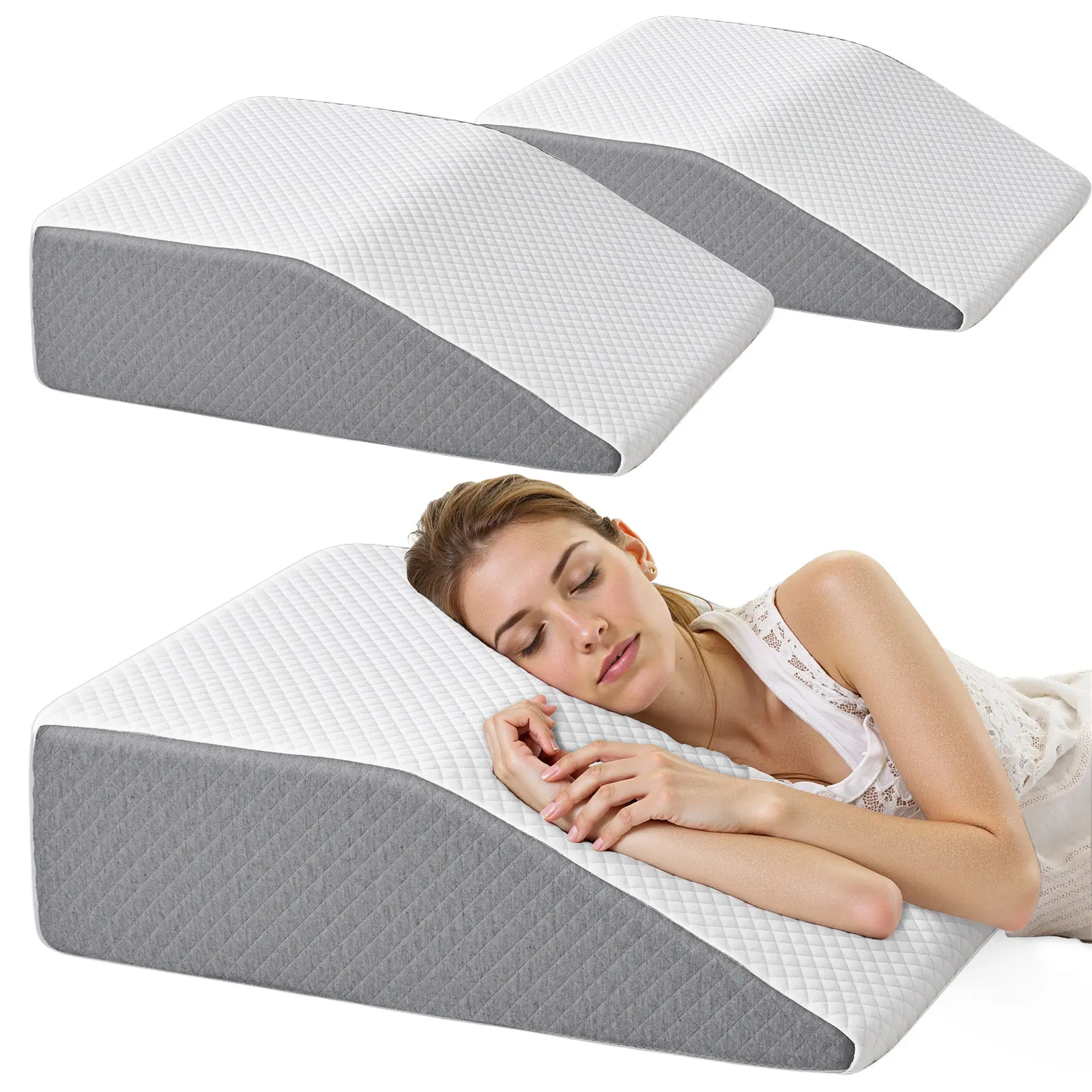Memory Foam Wedge Pillow, White and Grey Body Pillow for Back and Neck Support, Ergonomic Triangle Pillow with Washable Cover for Sleeping or Reading