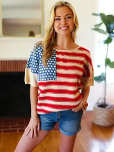 American Flag Jacquard Knit Pullover Sweater Top, Casual Round Neck Long Sleeve Drop Shoulder, Fall & Winter Fashion for Women