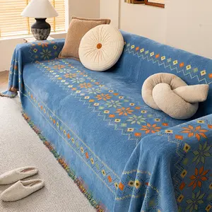 Bohemian Geometric Tribal Sofa Throw, Non-Slip Washable Couch Cover, Pet Friendly with Tassels, Furniture Protector, Dustproof Aztec Pattern Blanket