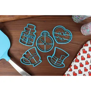 Alice's Adventures In Wonderland Storytime Cookie Cutters - Chipped Tea Cup, Drink Me Potion, Eat Me Cookie, Mad Top Hat, Pocket Watch