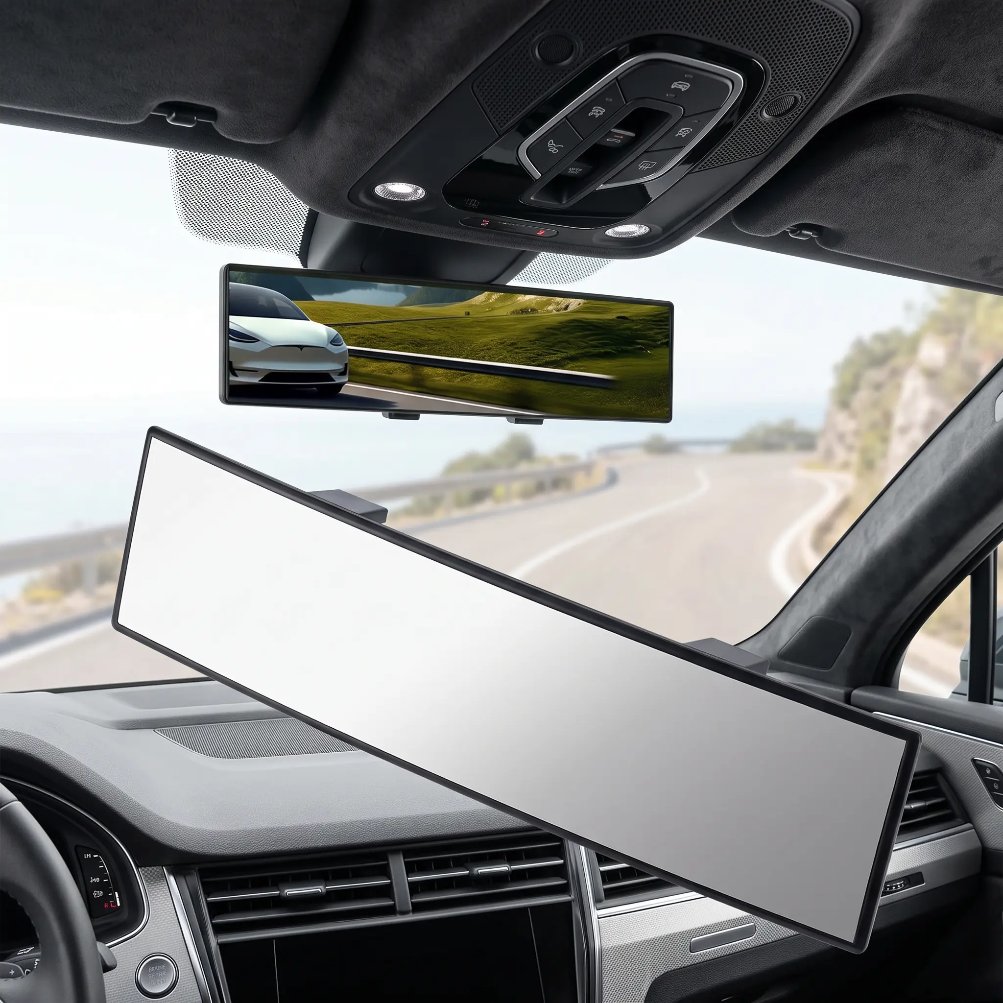 11.81x3.1in Universal Panoramic Convex Extended Rear View Blind Spot Mirror - High-Quality Glass Clip-On Car Accessory, Anti-Drop, Reversible, Easy Installation, Fits Cars/Trucks, Interior Auto Gadget