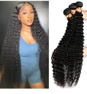 Lushlanes Deep Wave Bundles Human Hair  Curly Bundles Human Hair Water Wet and Wavy 3 Bundles Human Hair Natural Color
