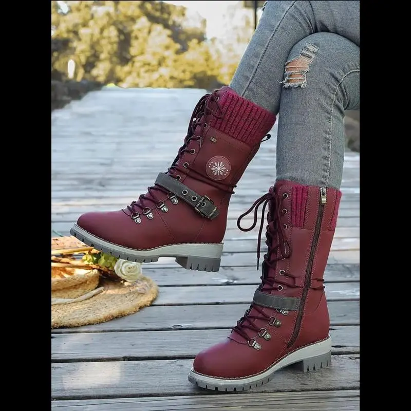 PU Leather Combat Boots, Unisex Mid-Calf Lace-Up Knight Style with Knit Cuff and Round Toe Rubber Sole