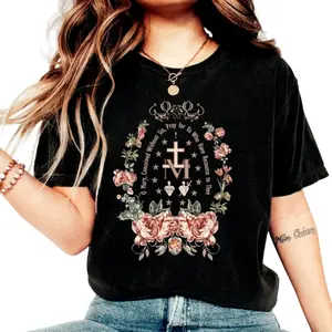 Marian Floral Catholic T-Shirt – Virgin Mary Aesthetic Tee, Catholic Gift for Women, Faith & Grace Religious T-Shirt summer clothes Cotton Top Womenswear Cute Fits Day Loose Comfy