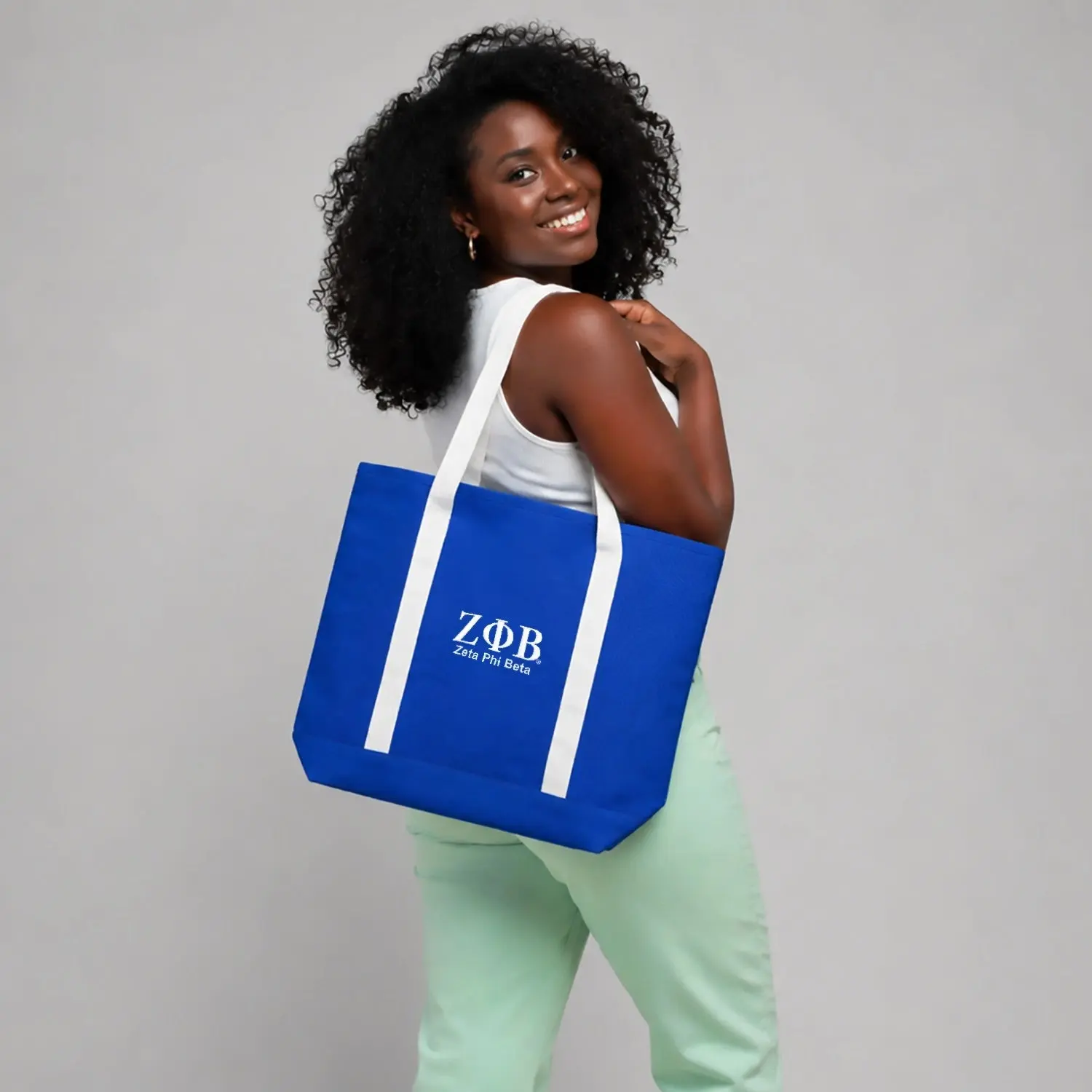 Zeta Phi Beta Canvas Boat Tote Bag, Royal Blue Embroidered Sorority Shoulder Bag, Greek Gift, Shopping and Travel Tote