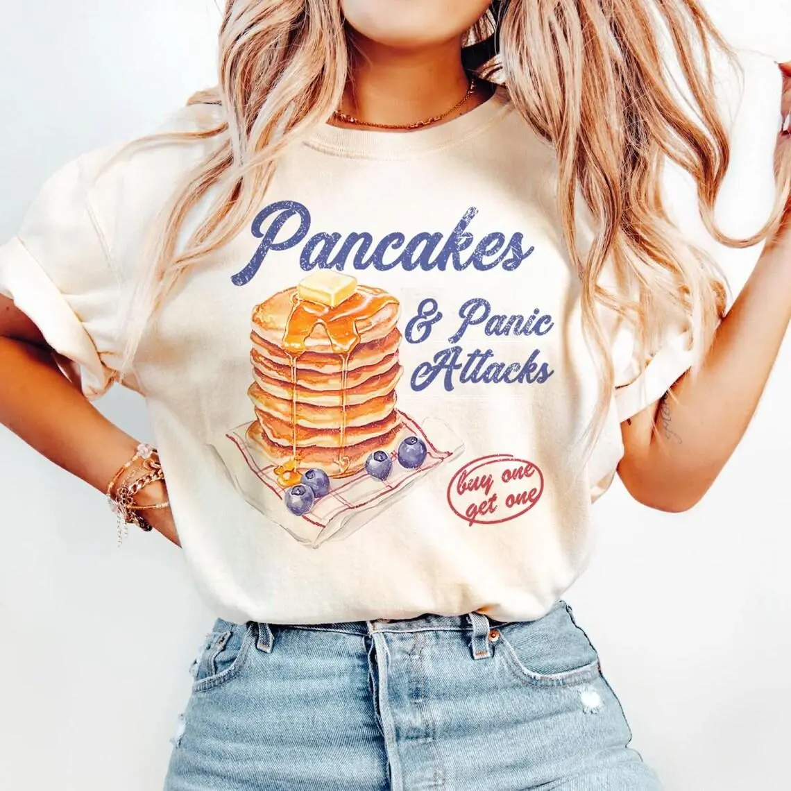 Pancakes & Panic Attacks T-Shirt, Cake Lover Gift, Autumn Retro Shirt