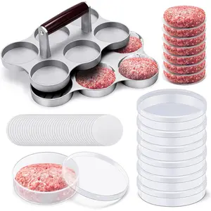 Mini Burger Press with 200 Patty Papers and 6 Storage Containers 6 Slots Meat Sausage Patty Maker Paper Sheets Set for Small Burger Barbecue, Make 6 count at Once