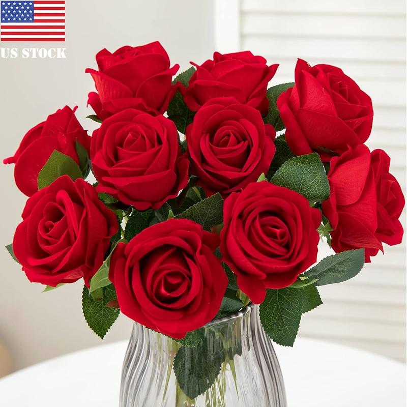 20Pcs Red Silk Roses Artificial Flowers Realistic Bouquet Home Decor valentine   Plants