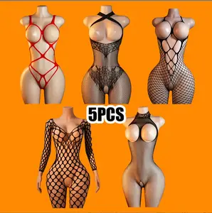 5 Packs Women Fishnet Bodysuits Mesh BodyStocking Fishnet Lingerie Long Sleeve Bodysuits One Piece Jumpsuit
