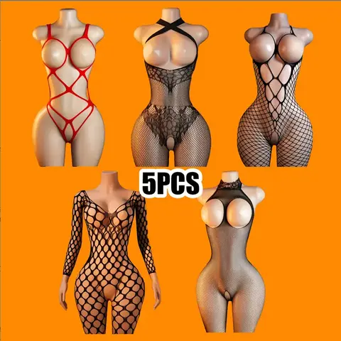 Women's 5-Piece Stretchy Breathable Sheer V-Neck Fishnet Bodysuits - Long-Sleeve Mesh Lingerie Jumpsuits, Teddy, Boudoir Statement Piece, Costume Ideas, Intimate Romantic Gifts, Sohochic