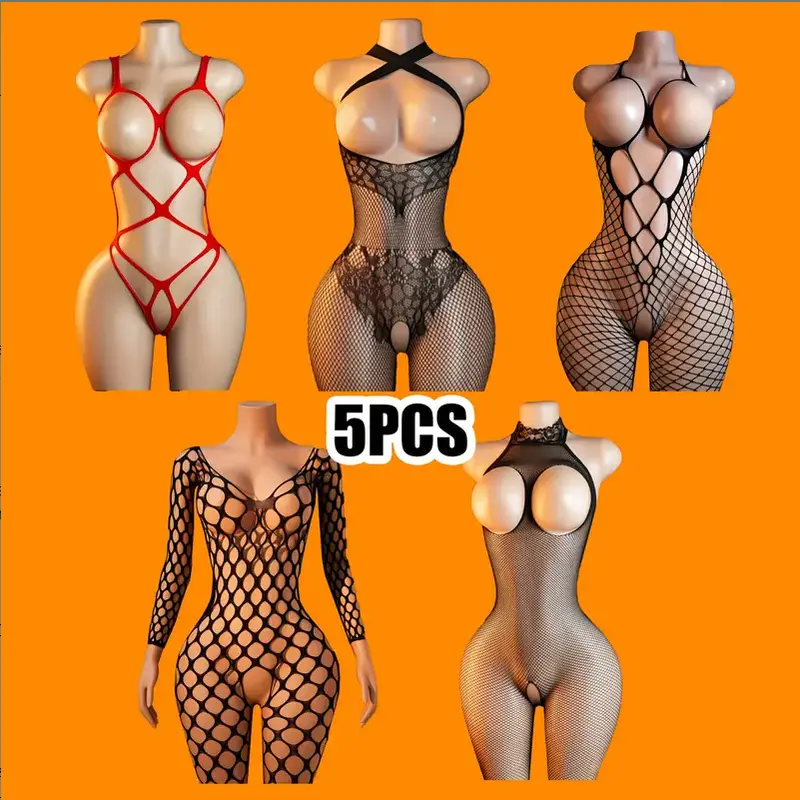Women's 5-Piece Stretchy Breathable Sheer V-Neck Fishnet Bodysuits - Long-Sleeve Mesh Lingerie Jumpsuits, Teddy, Boudoir Statement Piece, Costume Ideas, Intimate Romantic Gifts, Sohochic