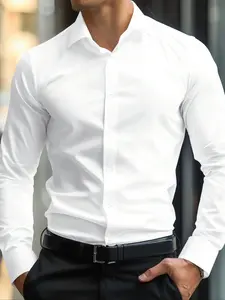 Men's Solid Long Sleeve Dress Shirt, Button Up Shirt, Business Formal Shirt for Work Office, Casual Comfy Top for Daily Wear