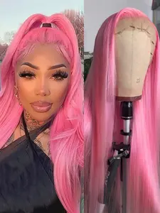 Pink Straight Long Hair Natural Hairline Heat Friendly Heat Resistant Synthetic Lace Front Wig Costume Wig for Women Man Wear Glueless Pink Fiber Hair Lace Wigs for Makeup Cosplay Christmas Use
