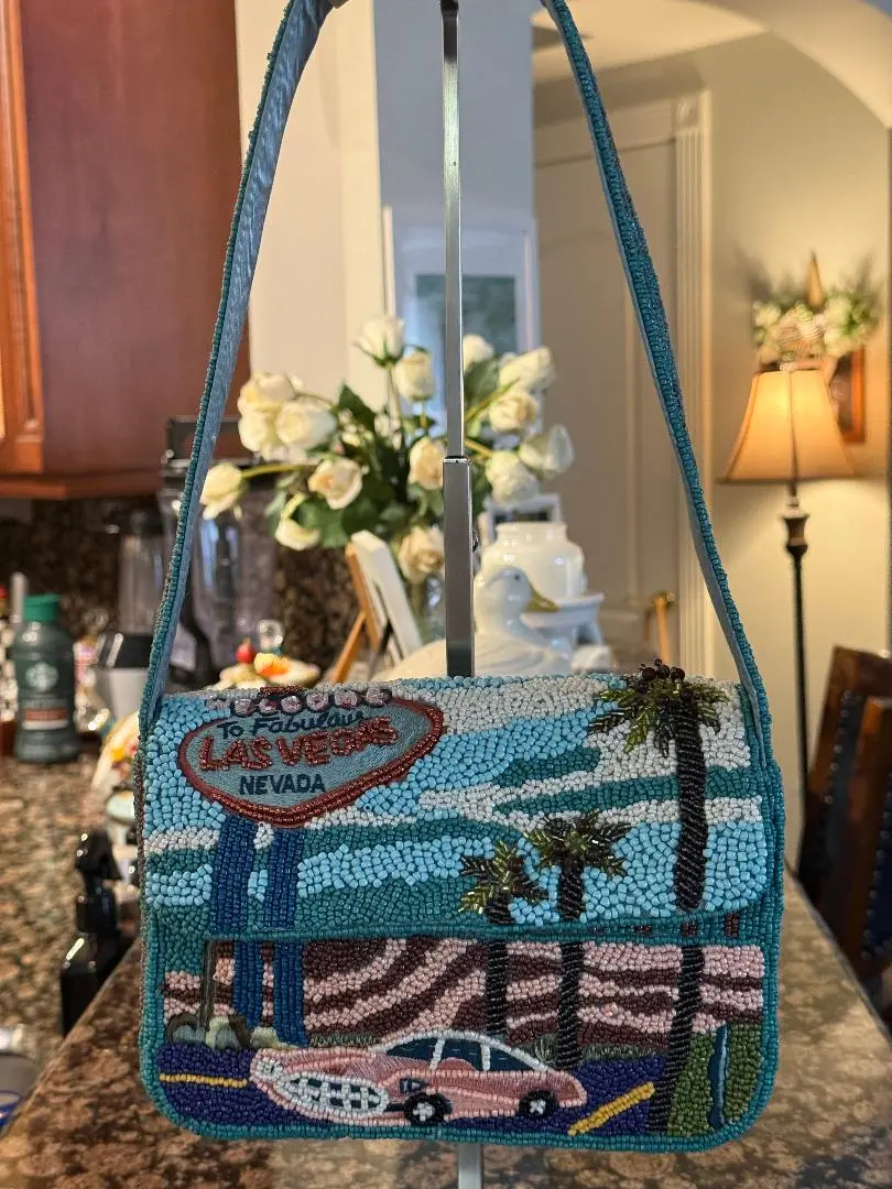 Women's Beaded Shoulder Bag with Beaded Strap, Las Vegas Motif, Trending Resort Look for Luggage & Bags Collection