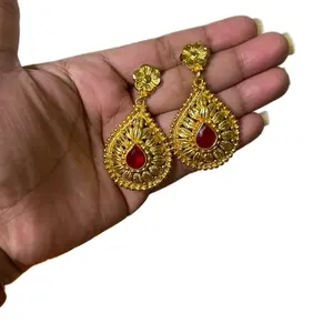 Traditional Nepali Gold Plated Earrings with Red Stone Elegant Design Cultural Jewelry