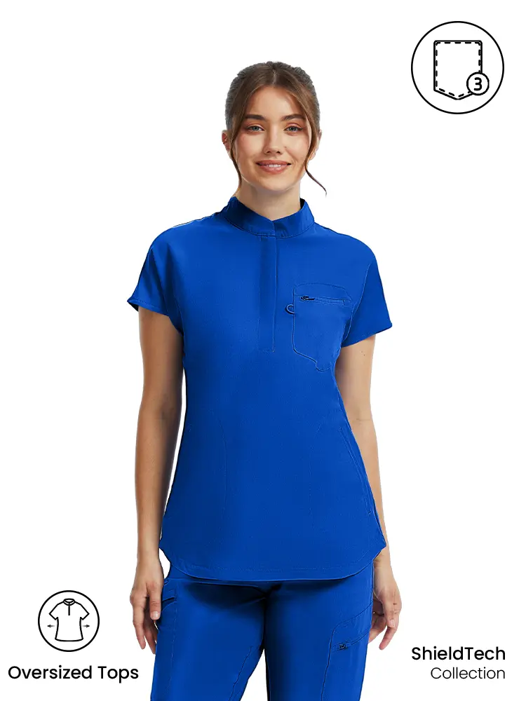 KITMAZ Women's Oversized Scrub Top - Soft Stretch Plain Nurse Workwear Clothes with Mandarin Collar and 3-Pocket Design