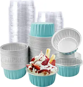 CHIPRISE 50 Mini Aluminum Foil Cupcake Cups, 5 oz. Lidded Baking Cups, Disposable Mini Cake Molds, Single-Use Baking Bowls, Cupcakes, Puddings, Muffins, Suitable for Banquets, Gatherings, Clubs, Weddings, Parties (Lake Blue)