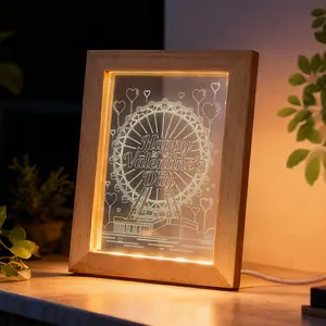 Valentine's Day Light Up Photo Frame - Romantic Ferris Wheel Night Light, Wooden LED Gift for Girlfriend/Boyfriend