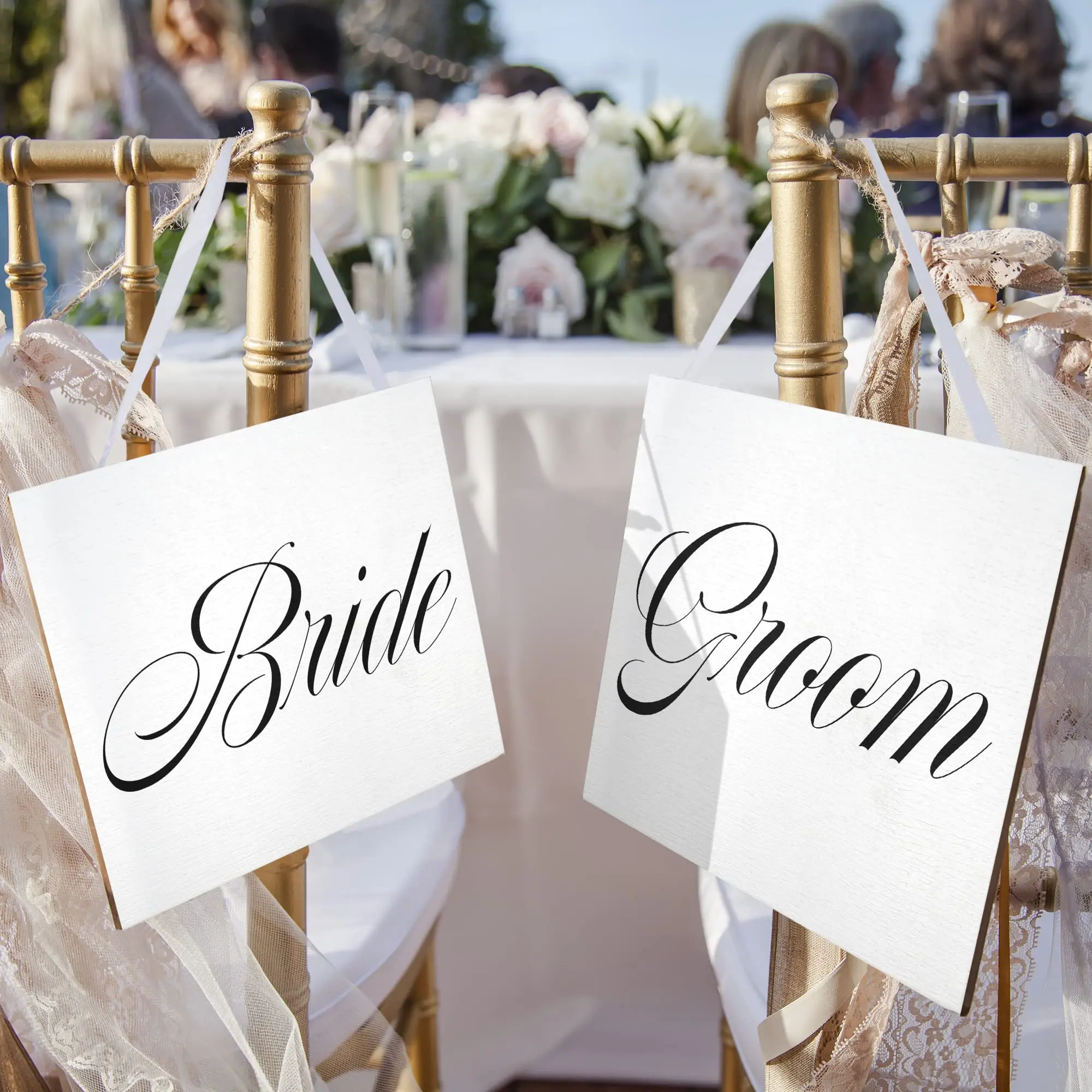 JennyGems Bride and Groom Wedding Chair Signs, Set of 2 (7.25x6x0.25 in Each), Hanging Wall Home Decor Plaques, American-Made Wedding Reception Gift, Wooden