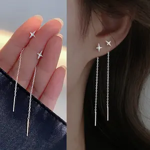 LUX-US - JWER S925 Silver Needle Star Line Earring for Women Tassel Drop Earring Long Chain Beads Piercing Earring Asymmetry Ear Jewelry