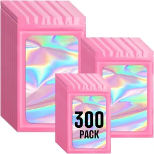 Mylar 300 Pack Resealable Holographic Bags with Clear Window, Zipper, Smell Proof, Packaging Pouch for Small Business (3x4.7, 4x6, 4.7x7.9in)
