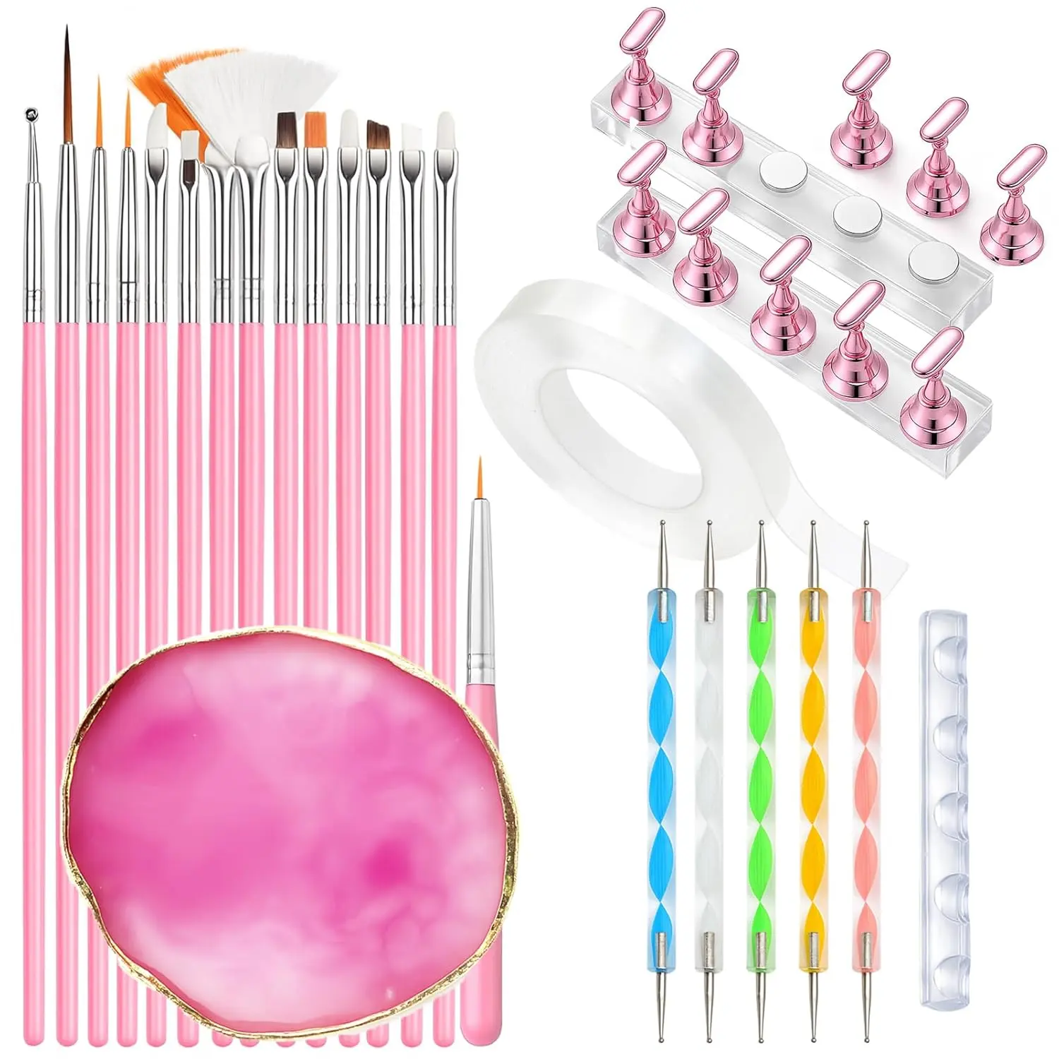 Nail Art Design Tools Set, 15 Pcs Nail Art Brushes, 5 Double Ended Dotting Pens, Mixing Palette, Nail Brush Holder, 10 Nail Stands & Tape for Press on Holder, Suit for Nail Tech & Beginners