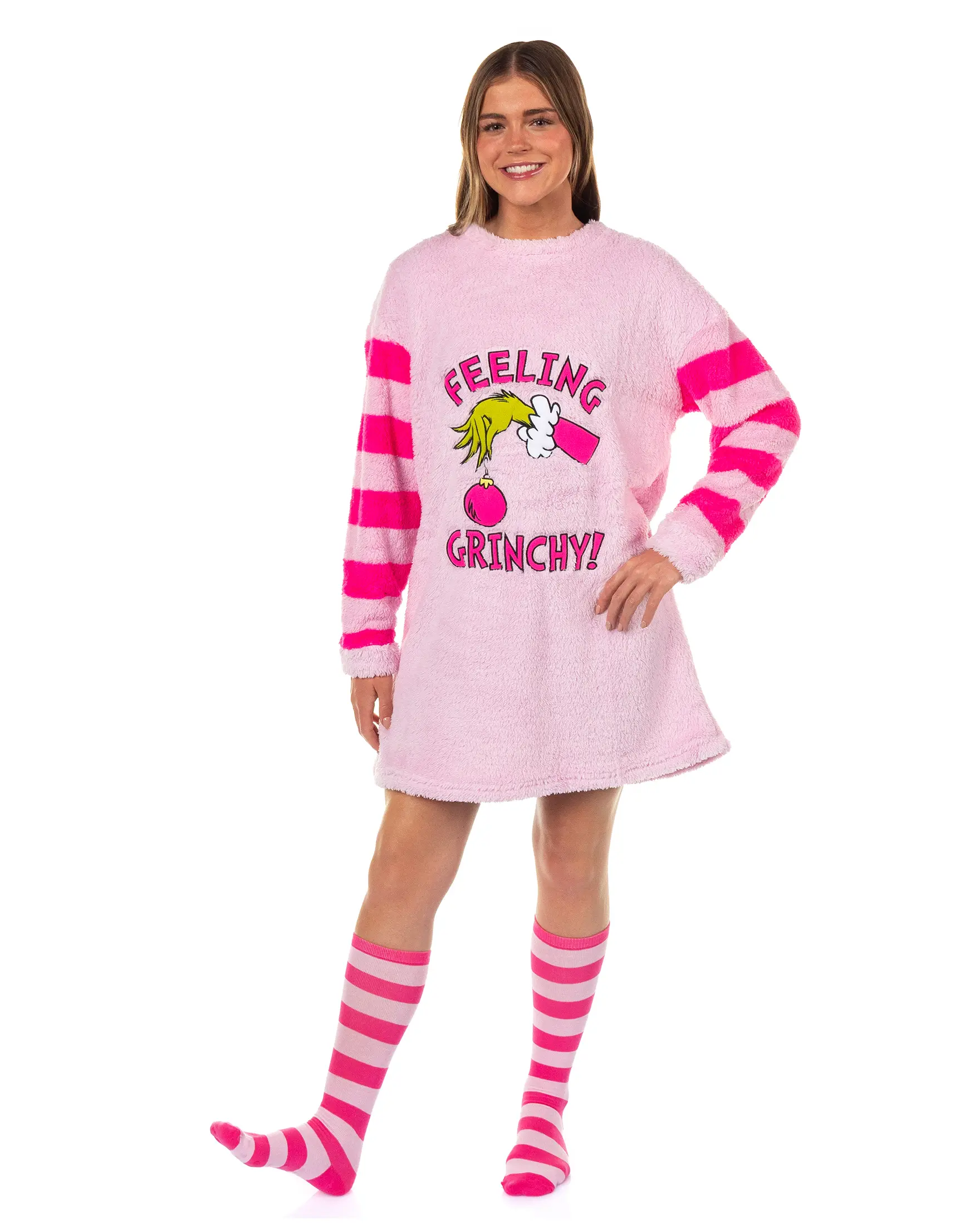 Dr. Seuss The Grinch Women's Pajama Feeling Grinchy Pullover Fleece Sleepshirt With Knee High Socks Set, Stripe, Embroidery, Pajama Set, Long Sleeve